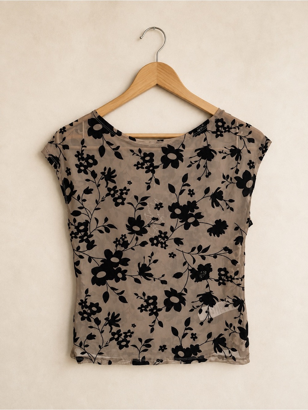 Streetwear Society Taupe Short-Sleeve Top w/ Black Floral Print / Sheer Baby Tee